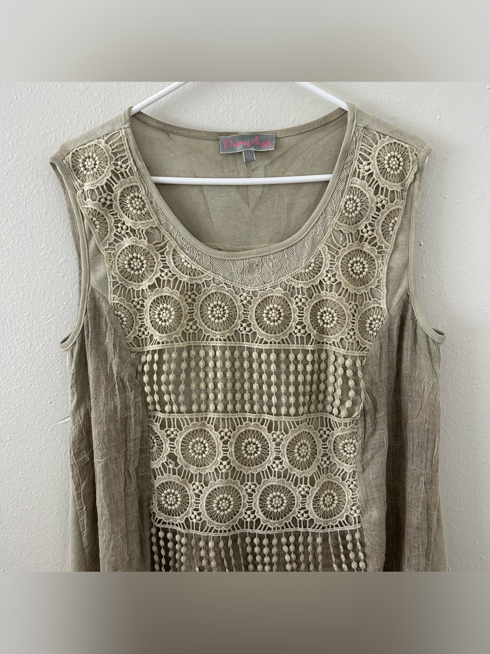 Pretty Angel Layered Tunic Top Dress L Boho Crochet Lace Fringe Artsy Linen Blen - Picture 2 of 11